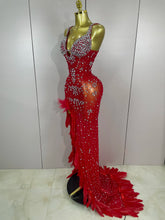 2025New Exquisite Feather Red Evening Dress Women Sparkle Rhinestones Sexy High Slit Birthday Celebrate Stage Photoshoot Costume